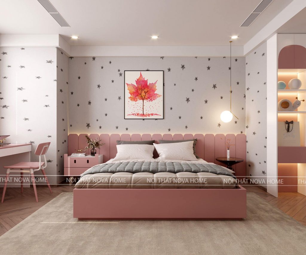 Phòng ngủ được thiết kế với hai tông màu chủ đạo hồng và trắng trông rất nhã nhặn