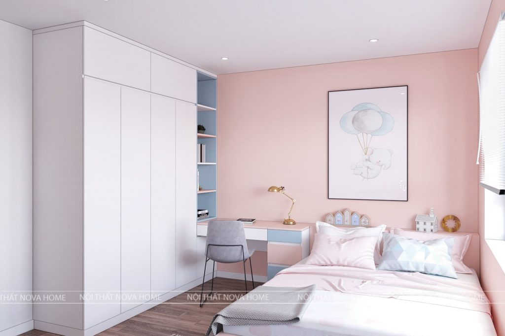 Phòng ngủ màu hồng cho bé trong thiết kế nội thất căn hộ Amber Riverside