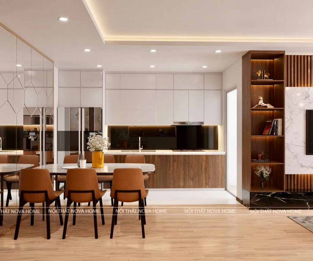 Thiết kế không gian mở cho khu vực phòng ăn - phòng bếp chung cư Anland Dương Nội giúp tiết kiệm diện tích