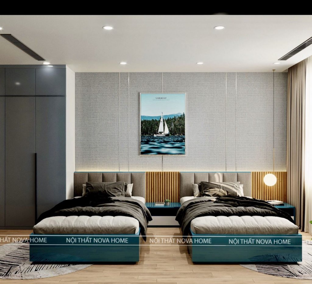 Phòng ngủ gây ấn tượng với vách ốp kết hợp giấy dán tường và tranh nghệ thuật