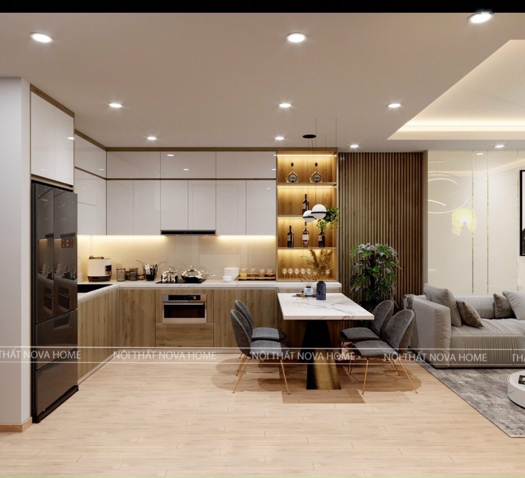 Ba khu vực phòng khách - phòng ăn - phòng bếp được thiết kế liền mạch nhau giúp gắn kết tình cảm gia đình đồng thời tạo sự thuận tiện trong quá trình sử dụng