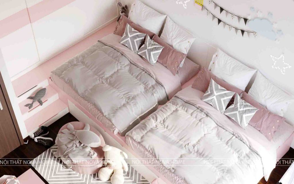 Thiết kế phòng ngủ màu hồng dễ thương cho 2 bé gái