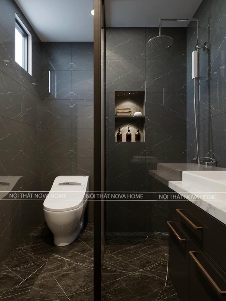 Phòng tắm và phòng vệ sinh được ngăn cách bằng vách kính rất tiện lợi