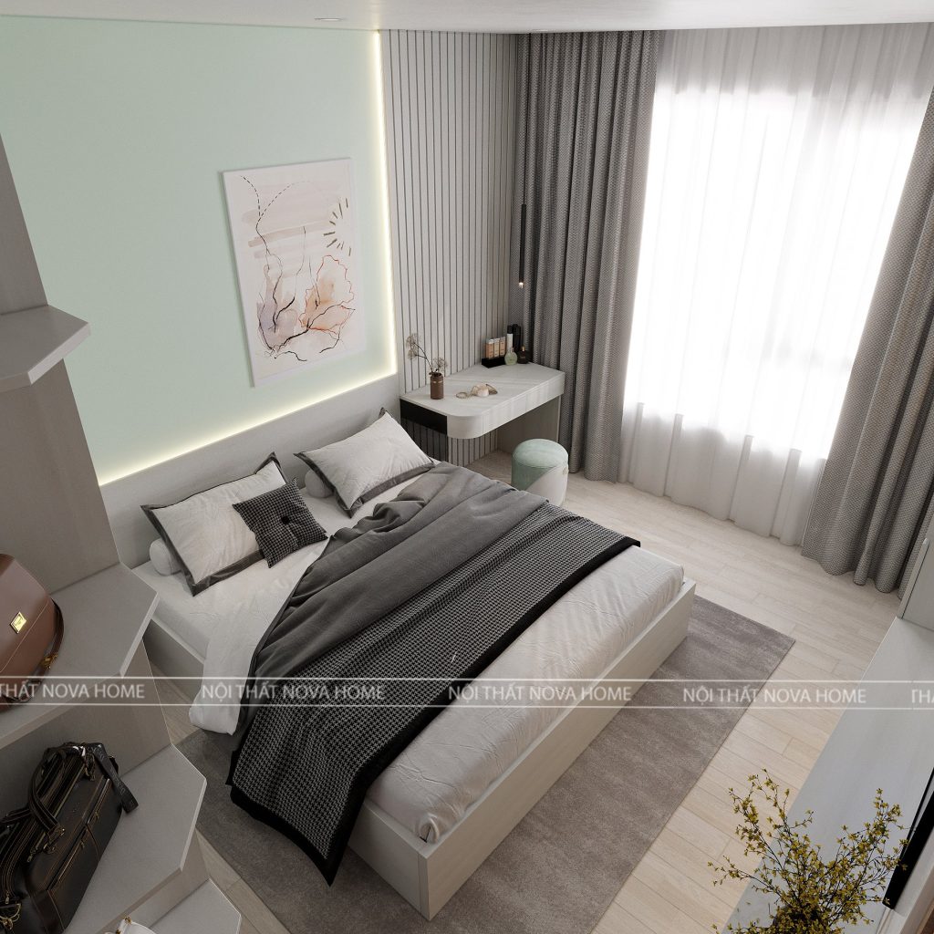 Toàn cảnh phòng ngủ trong thiết kế nội thất căn S4.02 Vinhomes Smart City nhà anh Khôi